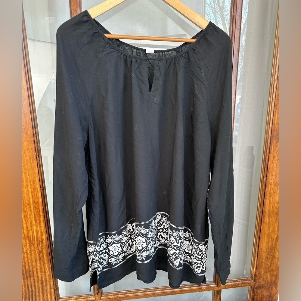 Old Navy Floral Popover Tunic Women's XXL Black White Peasant Print Retro